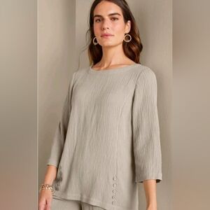 SOFT SURROUNDINGS Oceo Gauze Tunic Top Pebble Taupe Button Detail SZ MEDIUM